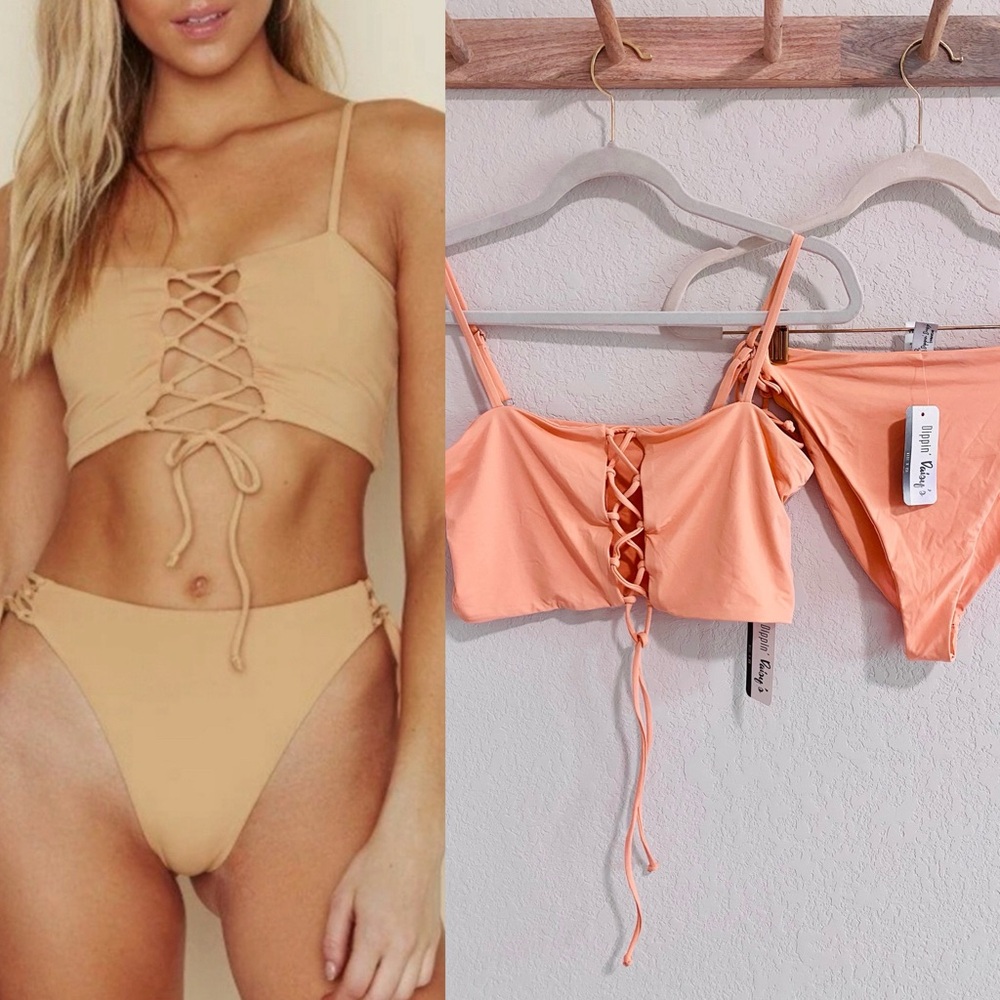 NWT $100 Dippin Daisy’s Apricot Peach High Waist Lace Up Bikini Set l*space